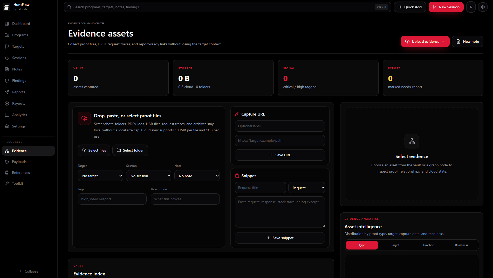 Evidence command center with drag-drop vault, capture URL, snippet capture, and analytics