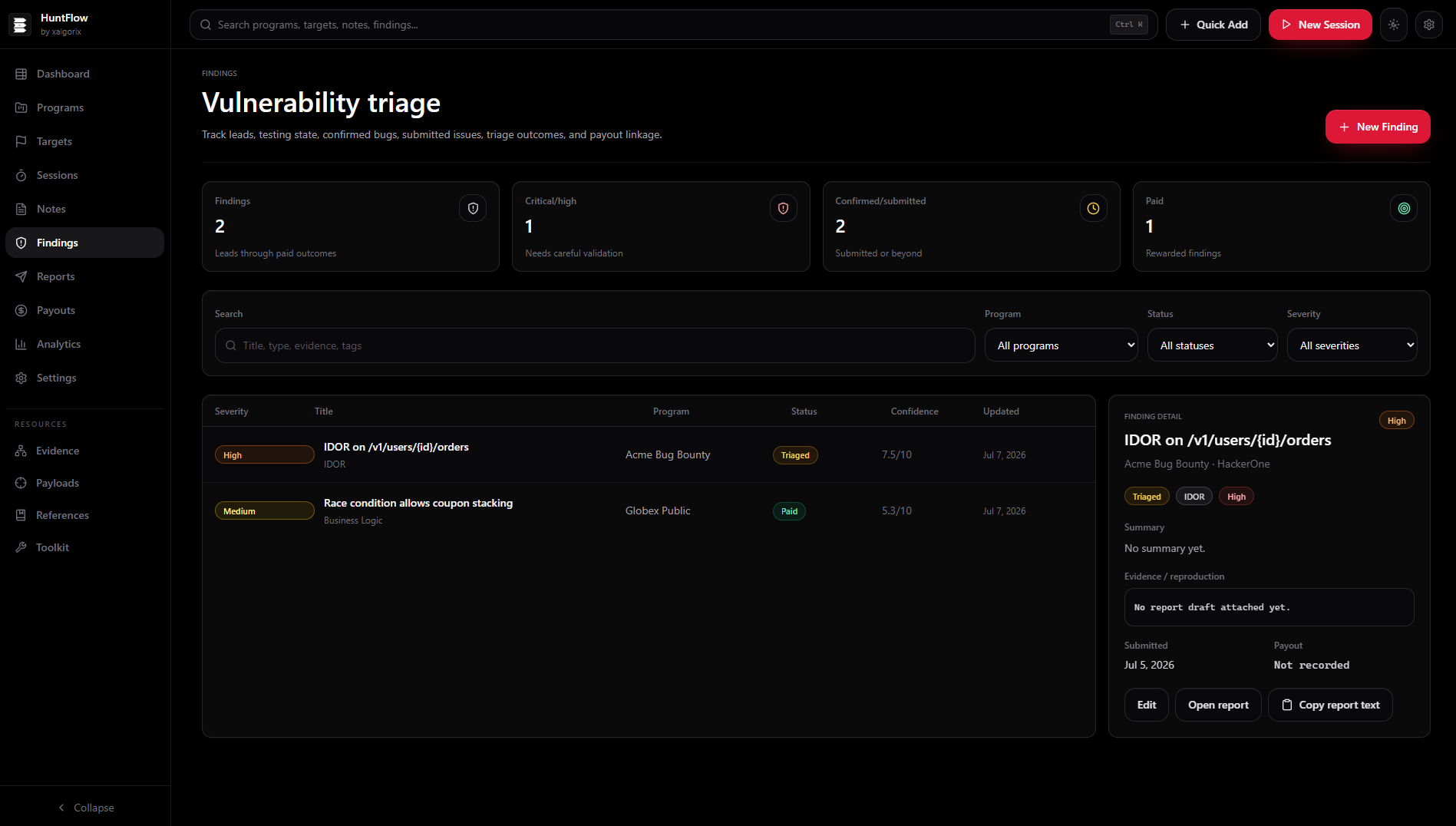 Findings pipeline with 4 reports, 2 in triage, 2 resolved, and weekly recap