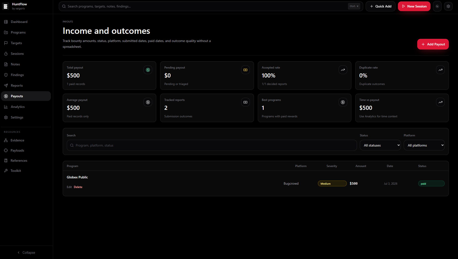 Payouts tracker with engagement payouts, status filters, and tax export