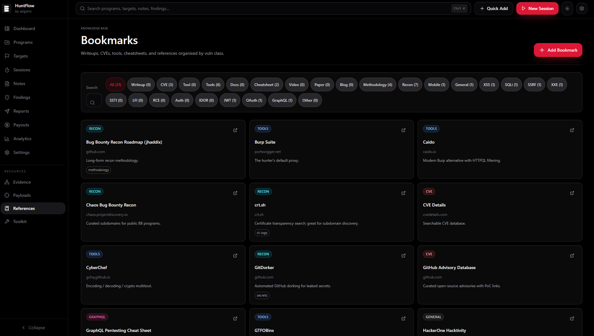 Bookmarks grid with recon, tools, and CVE references including Burp, Caido, and crt.sh