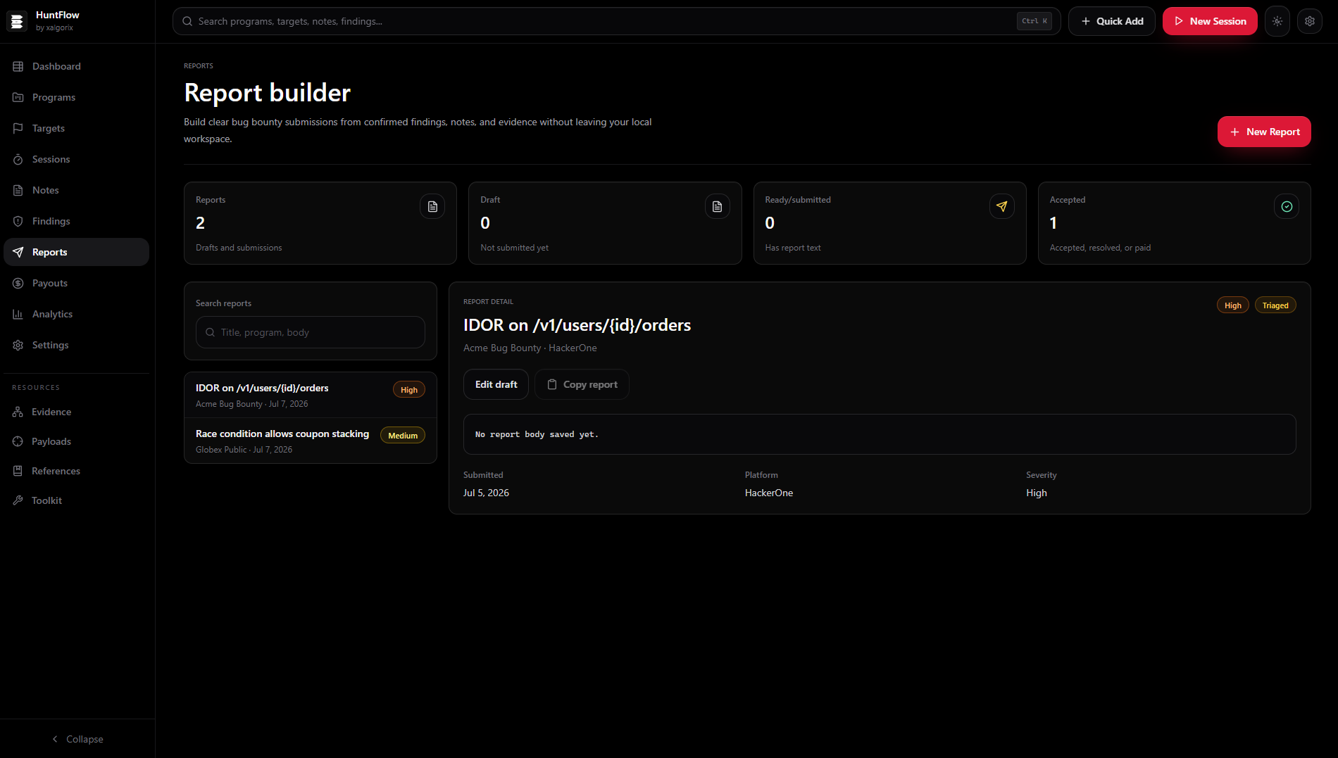 Report builder with markdown editor, CVSS calculator, and PDF export preview