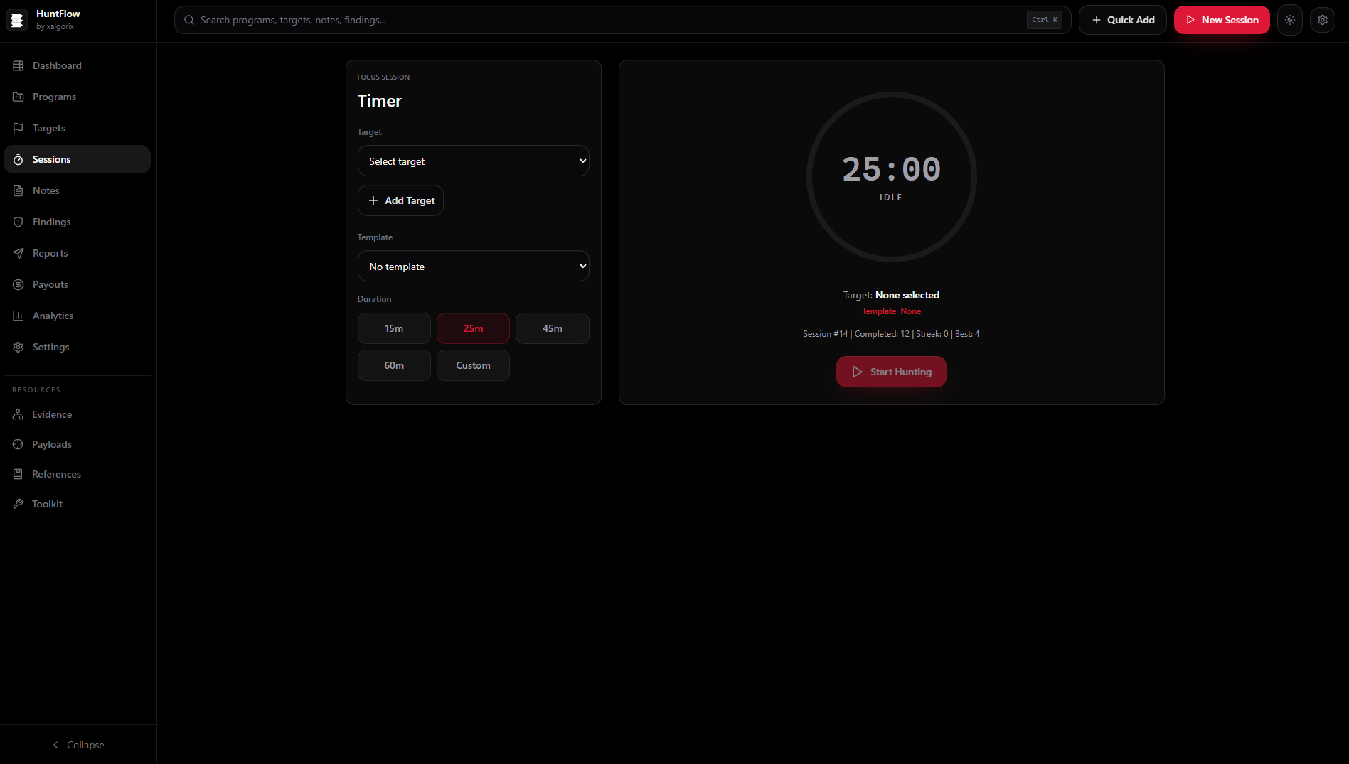 Focus session timer running 12:43 against Acme engagement with streak and session counters