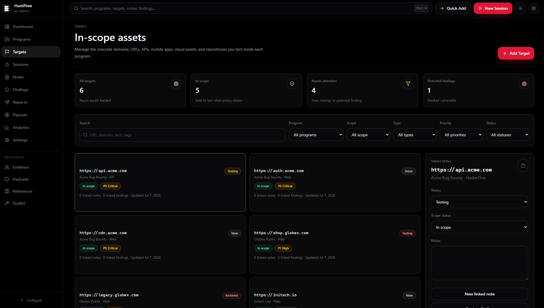 Targets list with Acme engagement, Globex Public, and Initech Lite ranked by priority