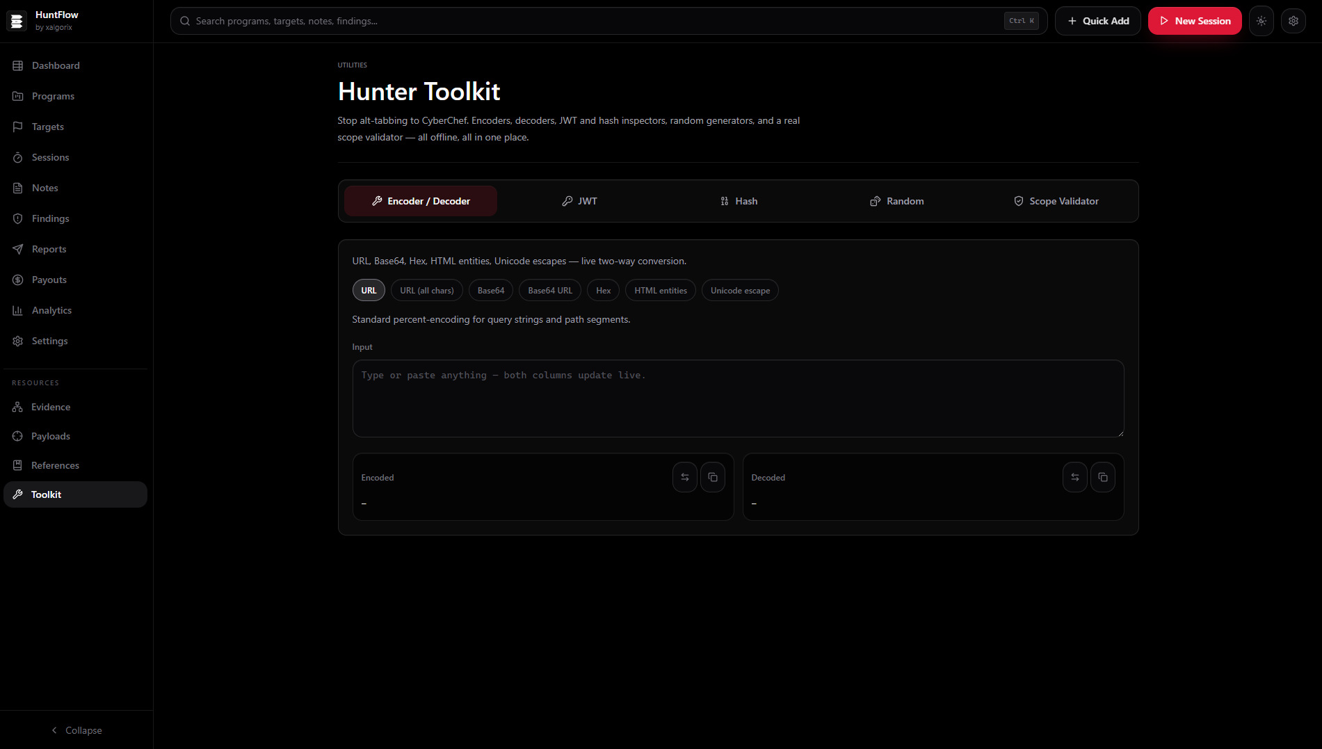 Pentest toolkit utilities with Encoder/Decoder, JWT, Hash, Random, and Scope Validator tabs